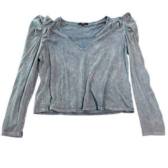 NWT 7 For All Mankind Top Women Large Blue Stone Wash V Neck Puff Sleeve Grunge - Picture 1 of 8